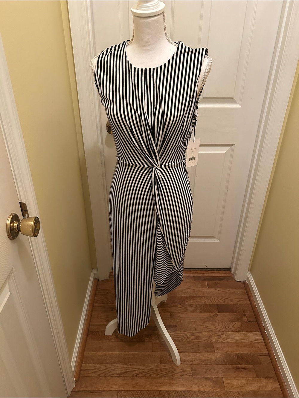 Bailey 44 Black & White Striped Midi Dress with Twist Detail